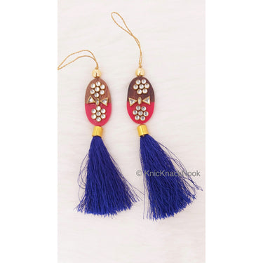 Pink / Blue Tassels With Red And Brown Wood Buttons With Kundan Stones, Indian Tassels, Wedding Supplies